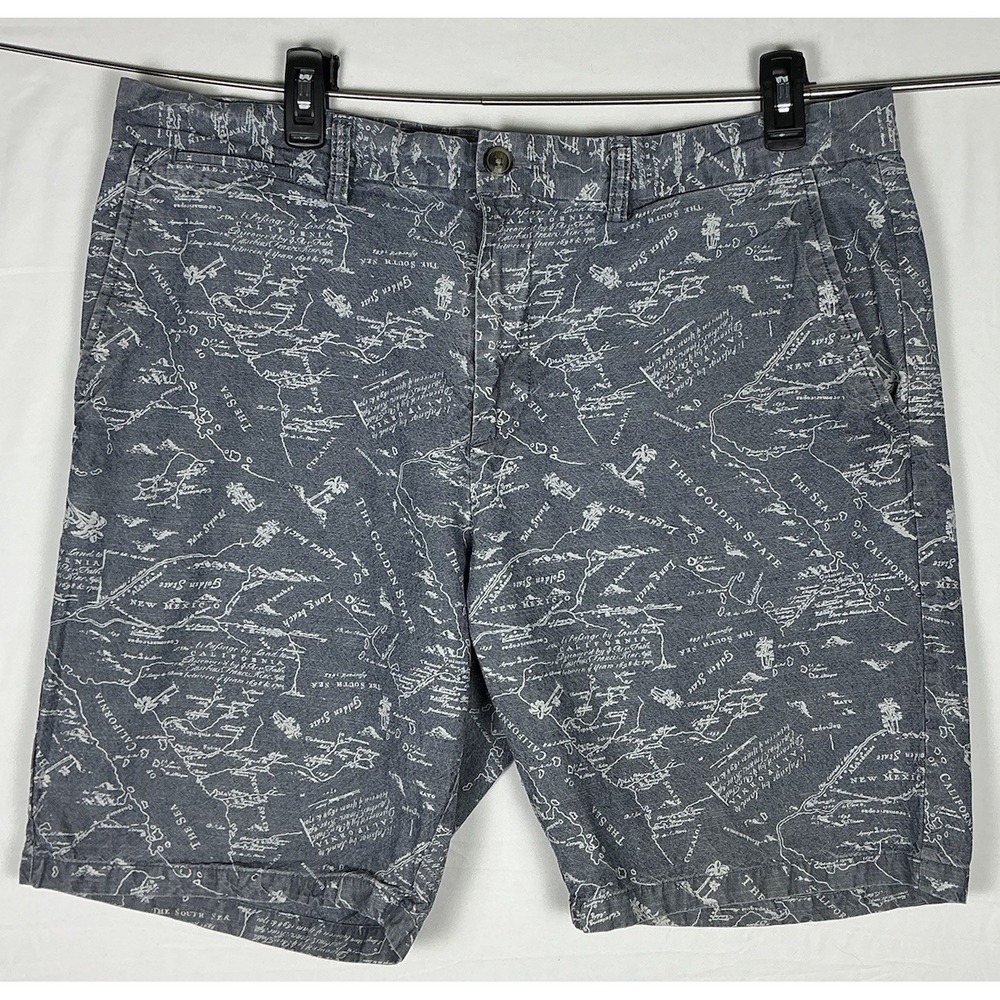 Old Navy Mens Size 38 Map Print Chino Shorts Blue Gray Flat Front Casual Cotton